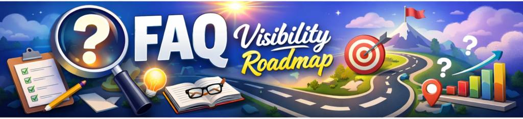 FAQ Visibility Roadmap banner showing a magnifying glass with a question mark, checklist, lightbulb, and a winding road leading to a target and growth chart, representing answers and clarity for small business, solopreneur visibility strategy.”